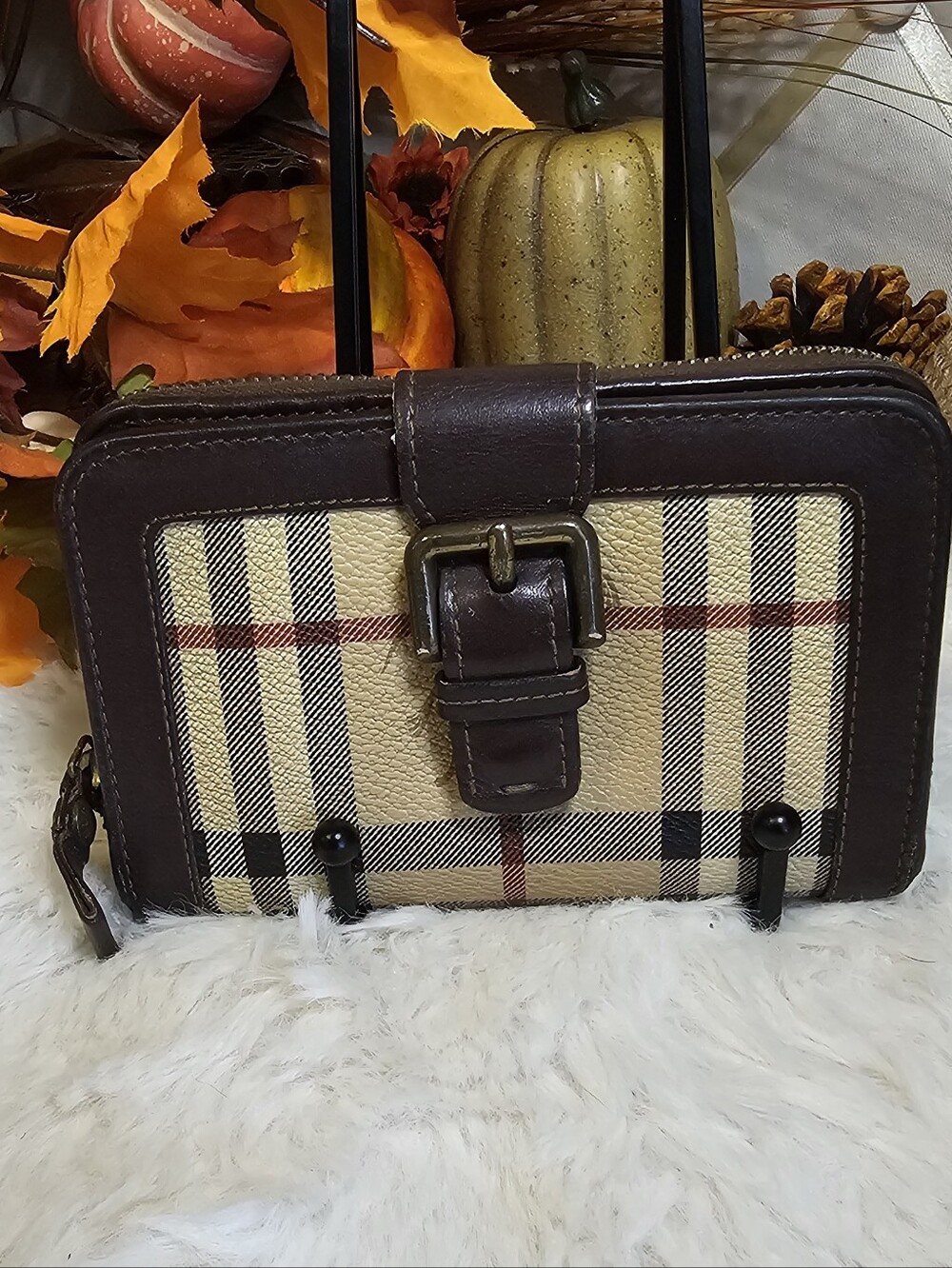 Burberry Beige and Brown Plaid Leather Zip Wallet with Buckle Accent